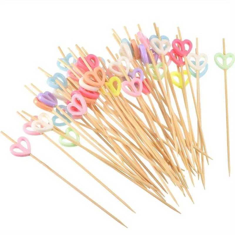 100pcs Disposable Heart Cocktail Toothpicks Food Fruit Drink Appetizer Skewer Dessert for Birthday Wedding Party Decoration 12cm