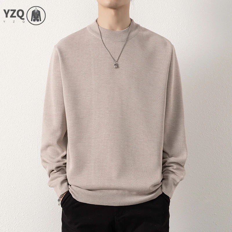 Male Office Daily Knitwear Mock Turtleneck Thermal Sweater Full Fleece Lining Long Sleeve Simple Versatile Pullover