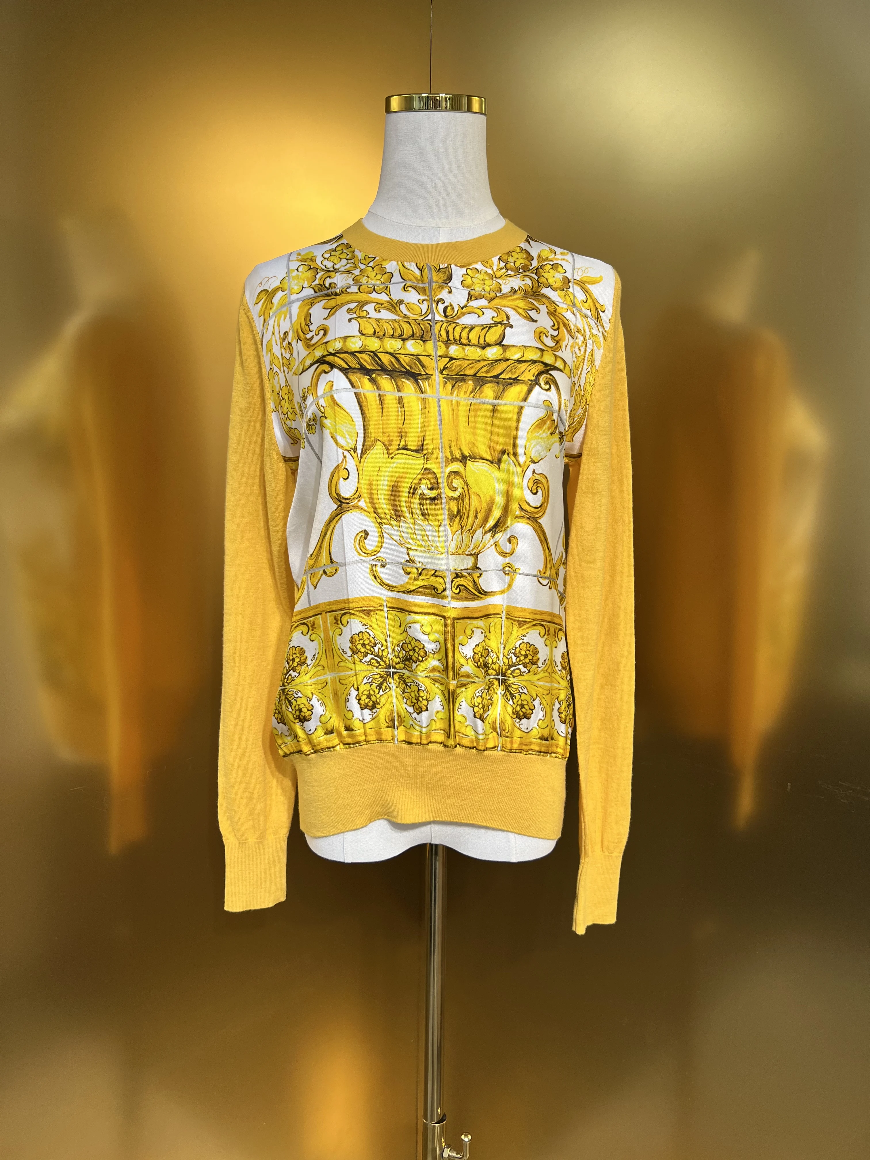 Women's Yellow Porcelain Print Top, 100% Mulberry Silk and Wool Top, Casual, Long-Sleeved, Autumn, Winter, 2024