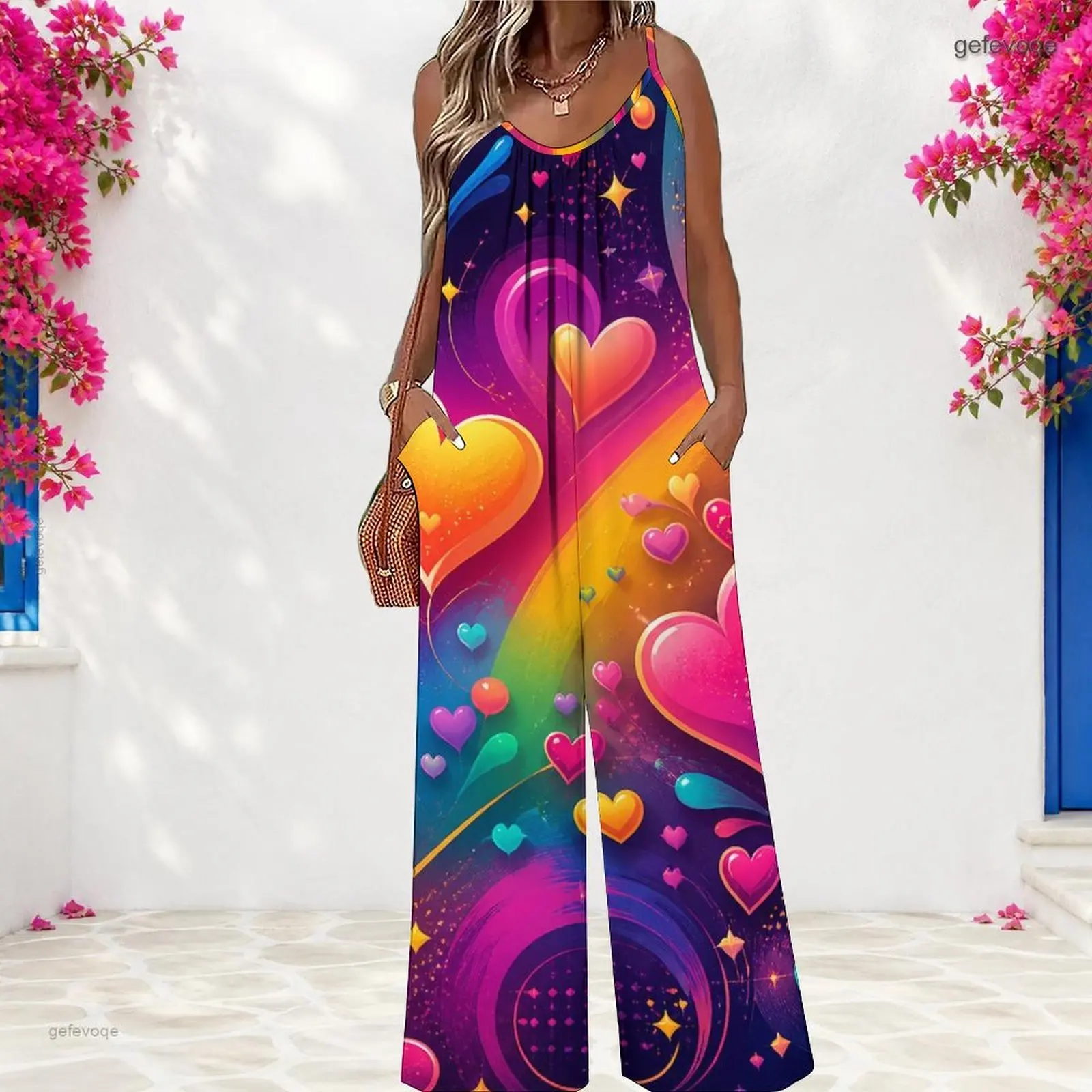 Women Scoop Neck Sleeveless Gathered Front Wide Leg Long Length Pockets Printed Jumpsuit