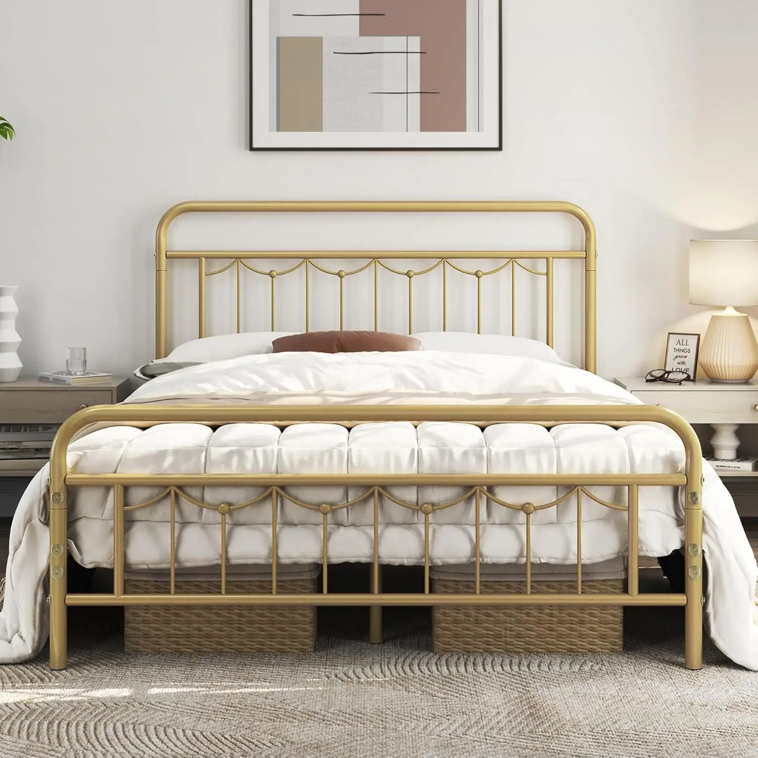 Large metal bedstead, with antique headboard and footrest, farmhouse metal platform bed, heavy steel plate support, antique gold