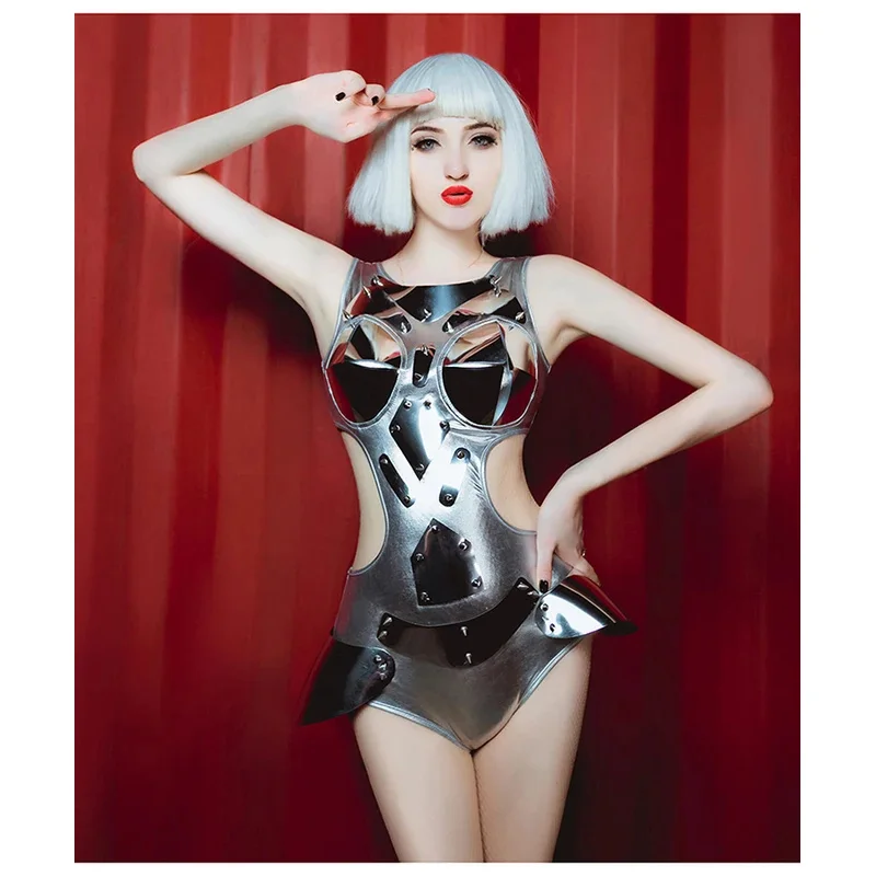 

Silver Bodysuit women sexy Dance Costume DJ DS Jumpsuit future technology show Performing Wear Pole Dance Gogo Dancer Outfits