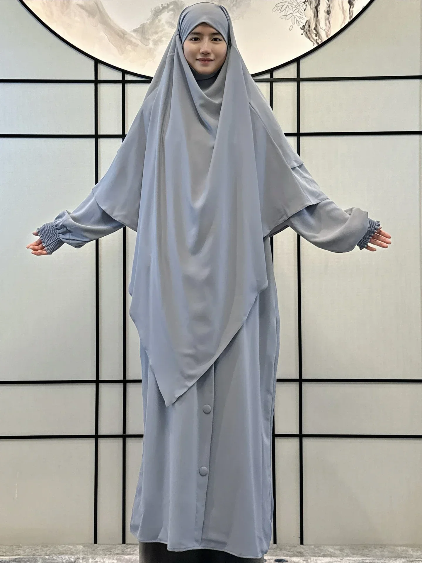 Moslim Vrouwen Gebed Jurk met Khimar Hijab 2-delige Set Eid Abaya Lange Gewaad Hoofddoek Islamitische Marokko Kaftan Vestidos Jalabiya