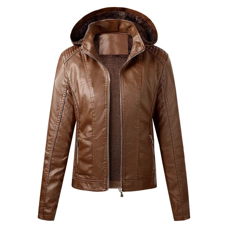 Giacca in Pelle con Cappuccio da Donna Autunno Inverno in PU con Chiusura a Cerniera Vestibilità Ampia Alla Moda Cappotto da Motociclista per Signore