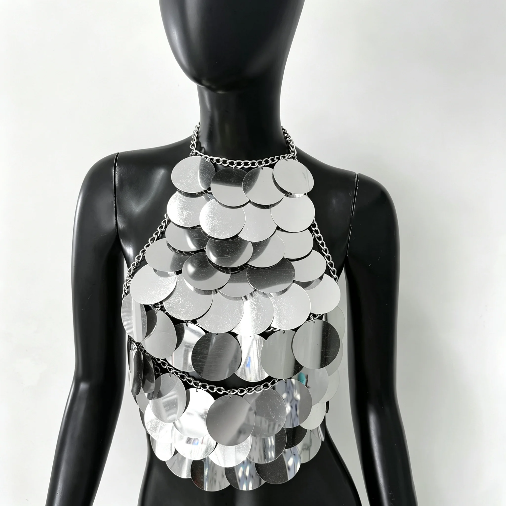 Damen Metall-Pailletten Rückenfreies Top Sexy Ausgeschnittenes Neckholder-Oberteil Handgefertigtes Träger-Top Rave Festival Party Tanktop Crop Top – Detail 9