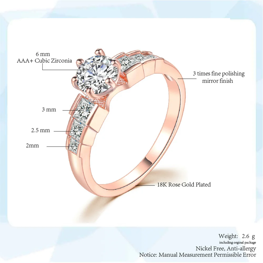 Top Quality Six Claw Crystal Wedding Rings For Women Rose Gold Color Couple Ring Jewelry Wholesale DWR680