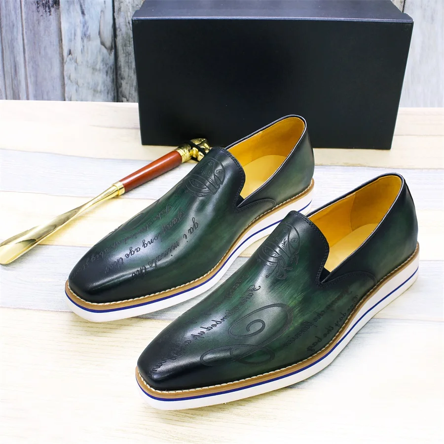 Fashion Men\'s Casual Shoes Genuine Leather Handmade Green Comfortable Flat Loafers Laser Pattern Men\'s Banquet Leather Shoes