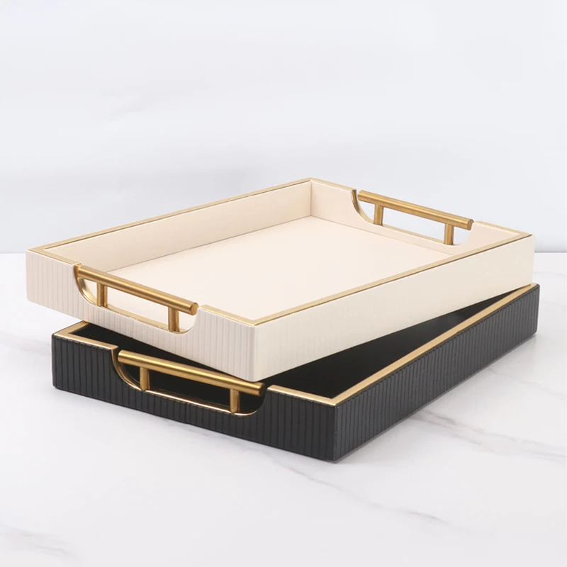 PU Leather Storage Tray with Handle Cosmetic Organizer Desktop Key Sundries Plate Remote Control Phone Storage Box Home Decor