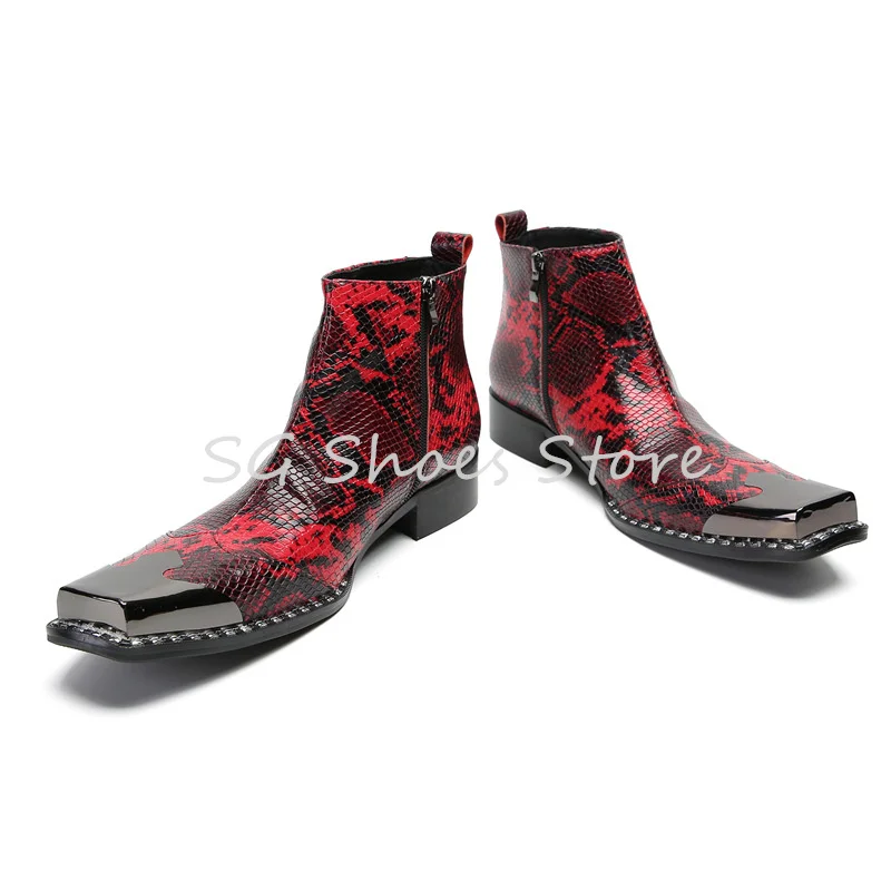 Fashion Metal Square Toe Splicing Leather Shoes for Men Snakeskin Pattern Slip-On Chelsea Boots Male Party Dress Ankle Boots