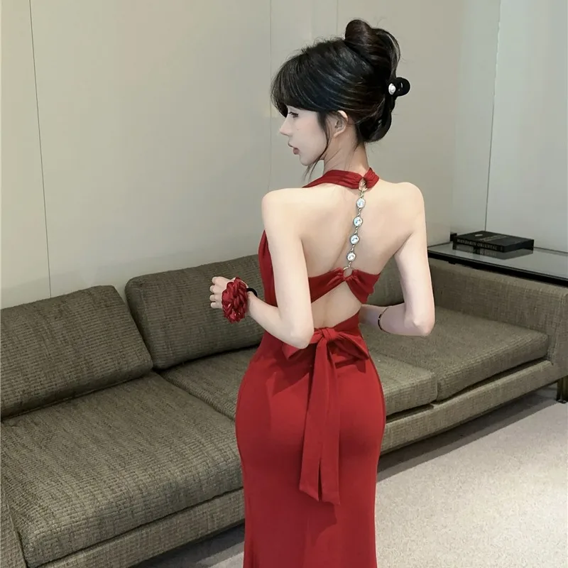 Vestido ter Sem Costas com Alça de Corrente Sexy e Picante para Mulheres, Saia de Cauda de Peixe Slim Fit de Verão, Vestid...