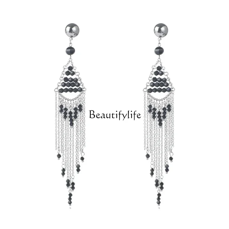 Temperament black beaded long fringed earrings personalized retro exaggerated earrings