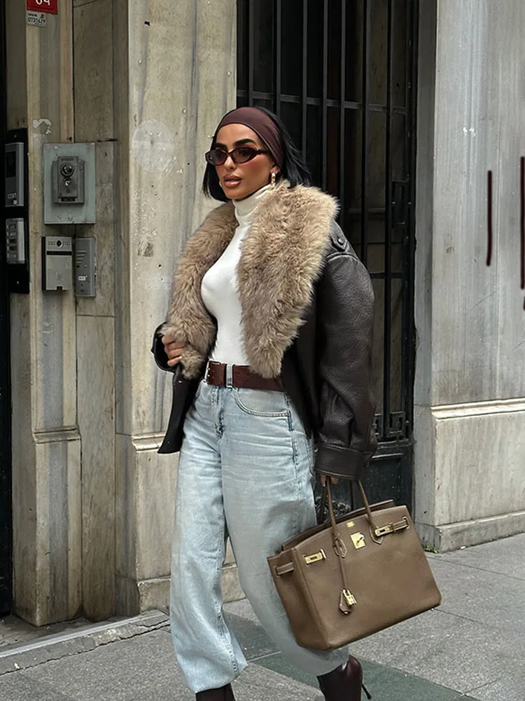 

HH женские модные зимние куртки с эффектом искусственного меха и лацканами с длинными рукавами, двубортные карманные украшения, женские свободные повседневные пальто