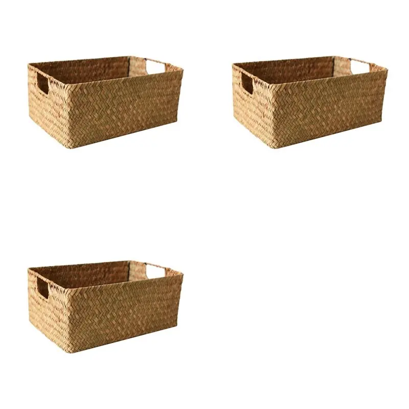 ABAH-3X Cesta de mimbre de algas marinas tejida - Almacenamiento de mimbre de paja natural para frutas, pan y toallas, ideal para el hogar y la cocina, A