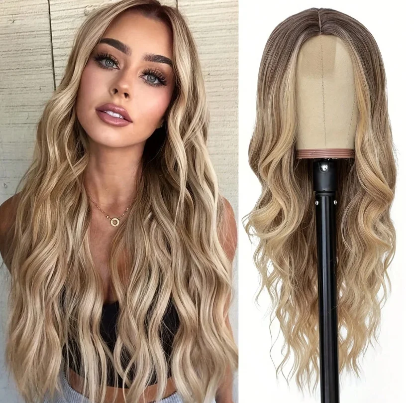 

Ombre Blonde Body Wave Lace Front Wig for Women Deep Wavy Highlight Synthetic Hair with Dark Roots Cosplay Hairpiece