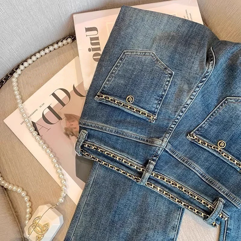 Faionable Hoge Taille Geweven Keten Denim Jeans Casual Rechte Pijpen Broek voor Vrouwen Herfst Winter Koreaanse Sle Wijde Pijpen Broek