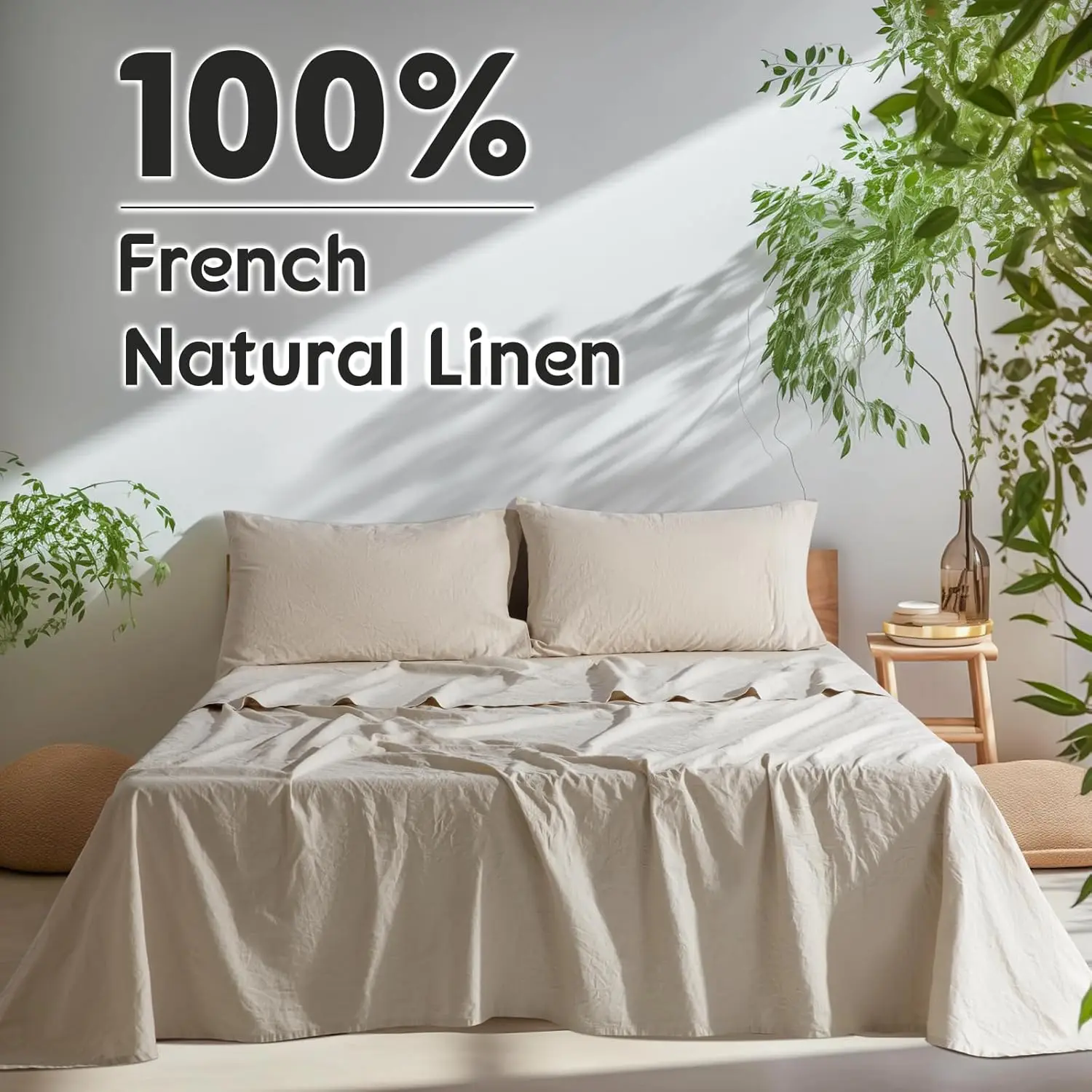 100% French Washed Pure Linen Sheets, Breathable and Durable Line King Size Sheets, Anti-Tear Line Bed Sheets, Machine Washable