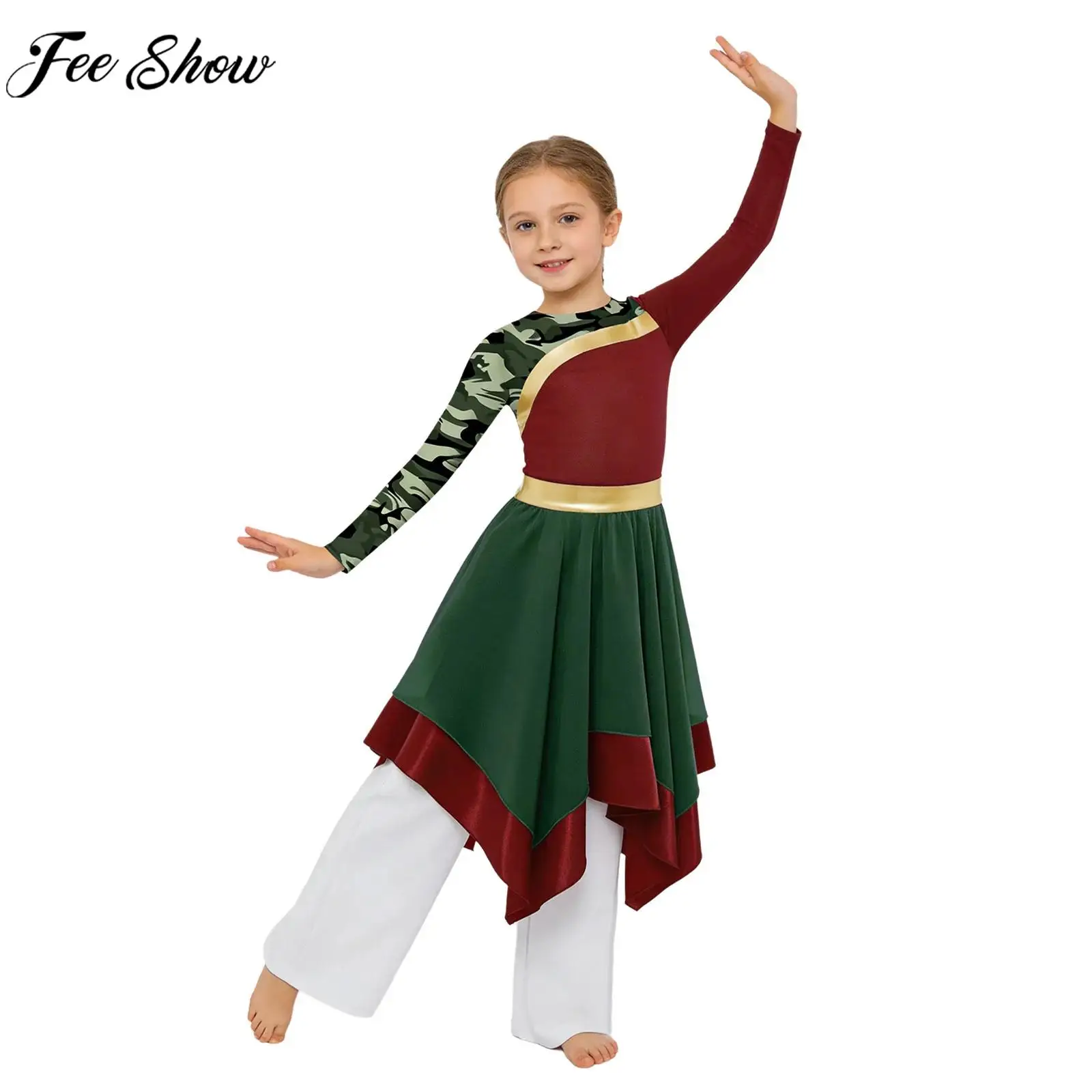 Kids Girls Worship Liturgical Praise Choir Dance Outfit Long Sleeve Zipper Print Dress with Wide-Leg Pants Lyrical Dance Costume