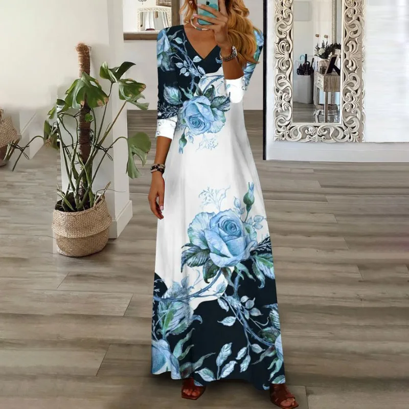 Abito lungo da donna con corsetto floreale Boho, fluido, casual, elegante, con scollo a V, manica a 3/4, abito lungo da spiaggia per le vacanze di nozze