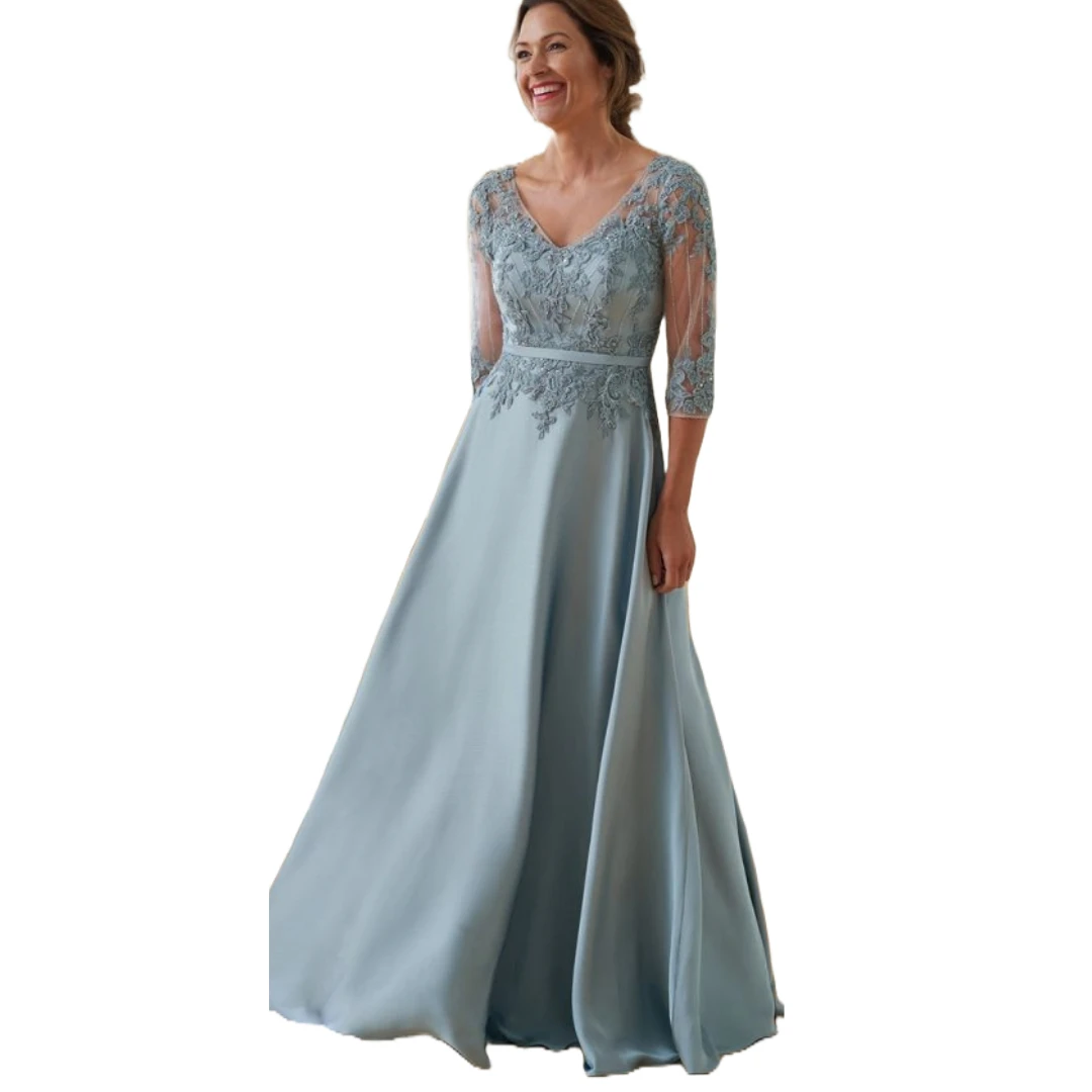 Customized Mother of the Bride Gown Misty Blue Satin Lace Bodice Sheer 3/4 Sleeves A-Line Skirt Special Occasions Grace Weddings