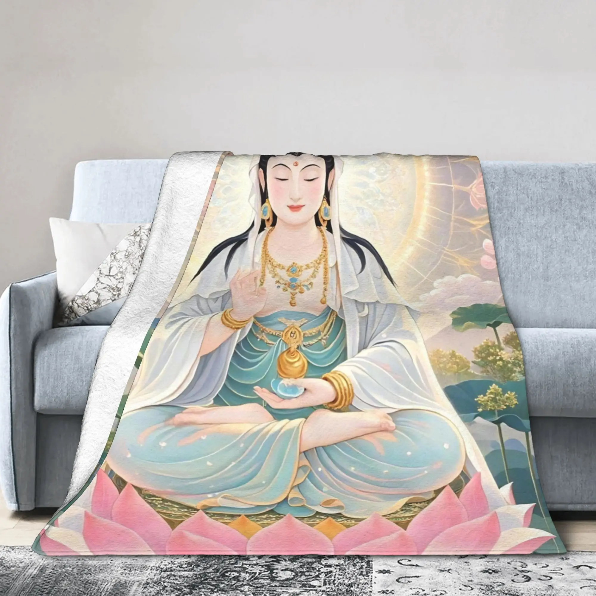 Bodhisattva Willow Branch Lotus Fleece Blanket Y2K Harajuku Awesome Throw Blankets for Home Hotel Sofa  125*100cm Bedspread