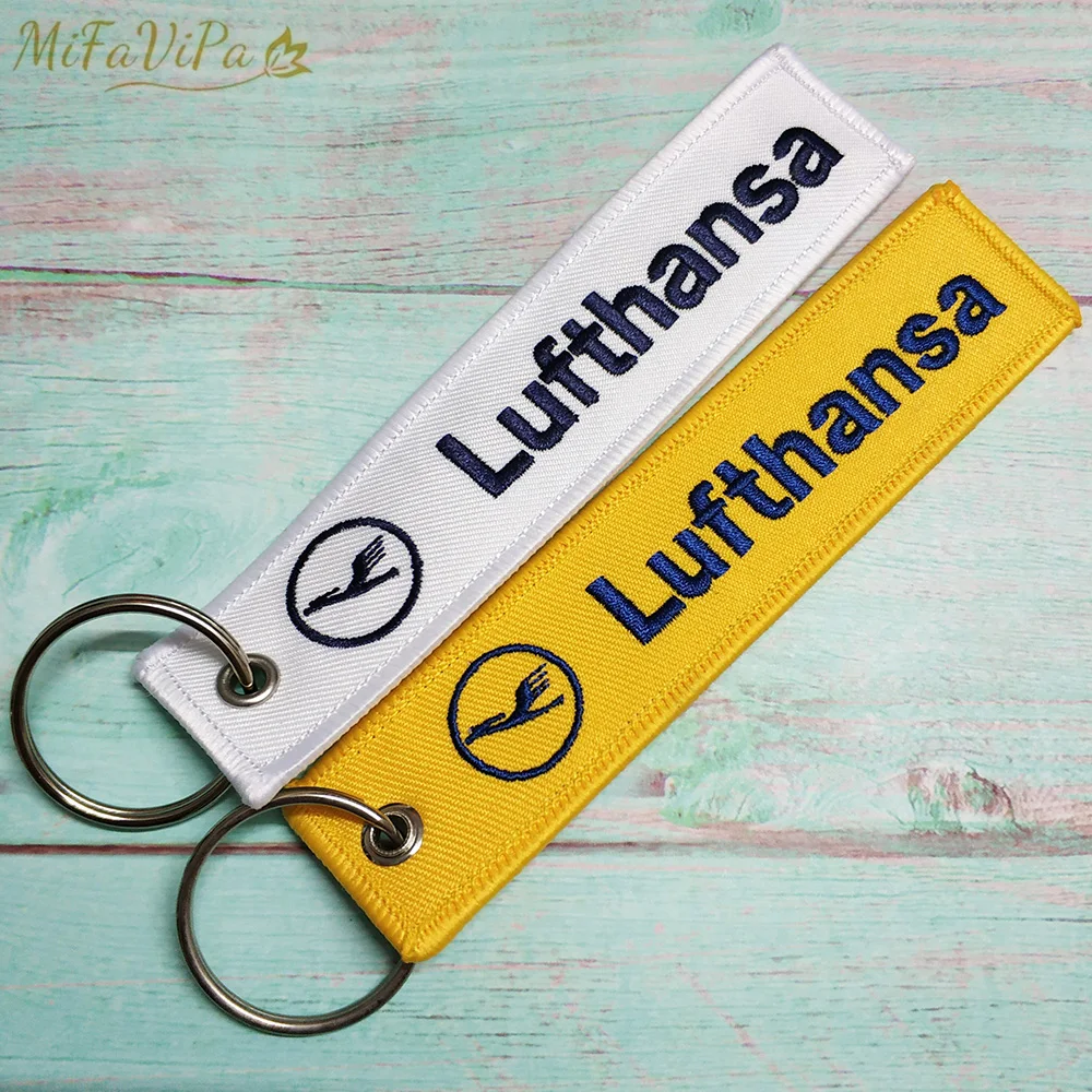 MiFaViPa 3 PCs Blue Yellow White Lufthansa Keychain Fashion Embroidery Aviation Key Chain for Men Gift Flight Crew Luggage Tag