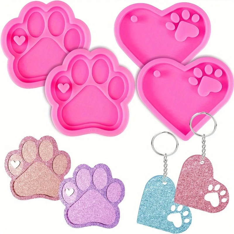 Large Dog Paw Print Heart-Shaped Silicone Resin Molds with 10Pcs Keyrings - Perfect for DIY Dog Tag Making, Epoxy Resin Crafting