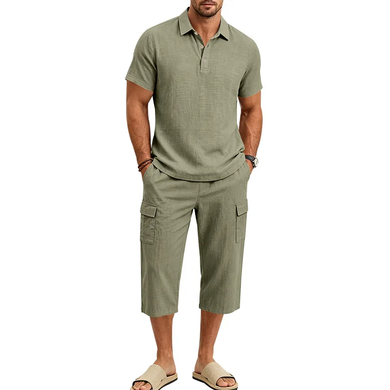 Summer Men's Linen Two Piece Set Short Sleeve Lapel Top Multi Pocket Cargo Capri Pants Loose Casual Outfits Male Beach Vacation