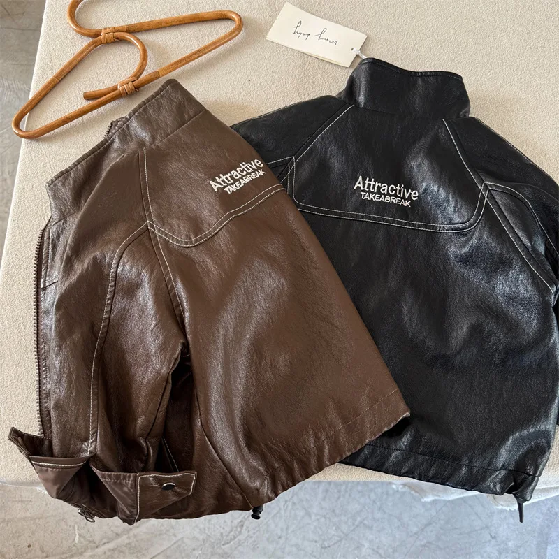 

Кожаные куртки для мальчиков, весна-осень 2024, кардиган с вышивкой для детей, детская верхняя одежда, повседневное пальто для малышей, одежда