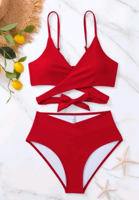 Red Solid Bikini Vacy Crisscross High Waist Red Bikini Set Tie Back Bra Bottom 2 Piece Bathin Suit Swimsuit For Yong Ladies