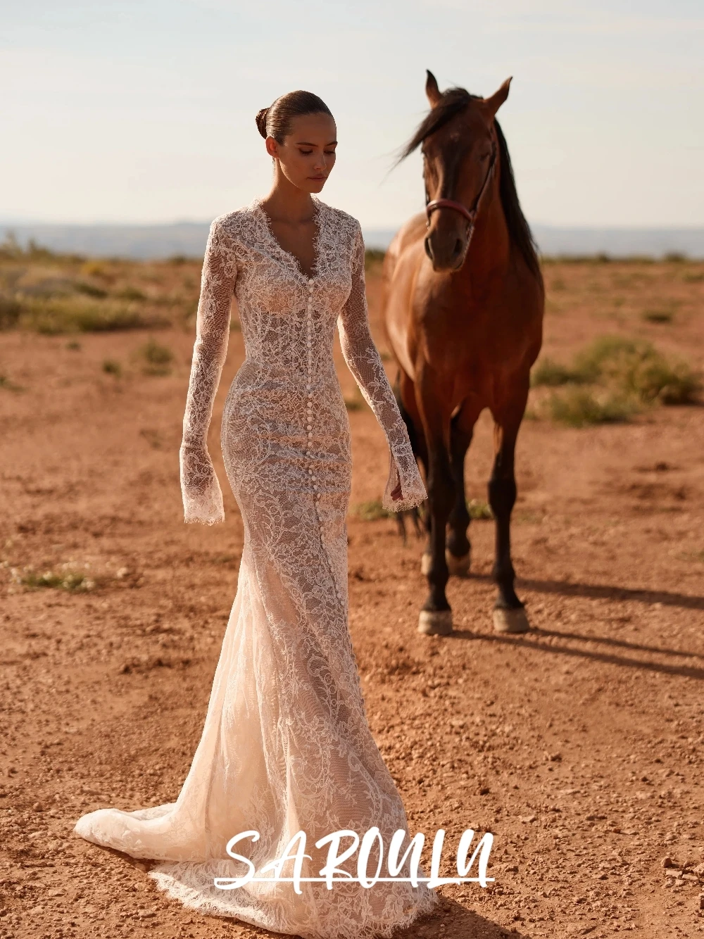 Romantic Boho Lace Mermaid Wedding Dress With Corset Elegant Long Sleeves V Neck Customized Bridal Gown For Desert Destination