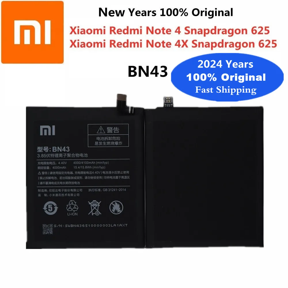 

2024 Years New Original BN43 Battery For Xiaomi Redmi Note 4 X 4X Note4 Note4X Global Snapdragon 625 Battery Bateria Batteries