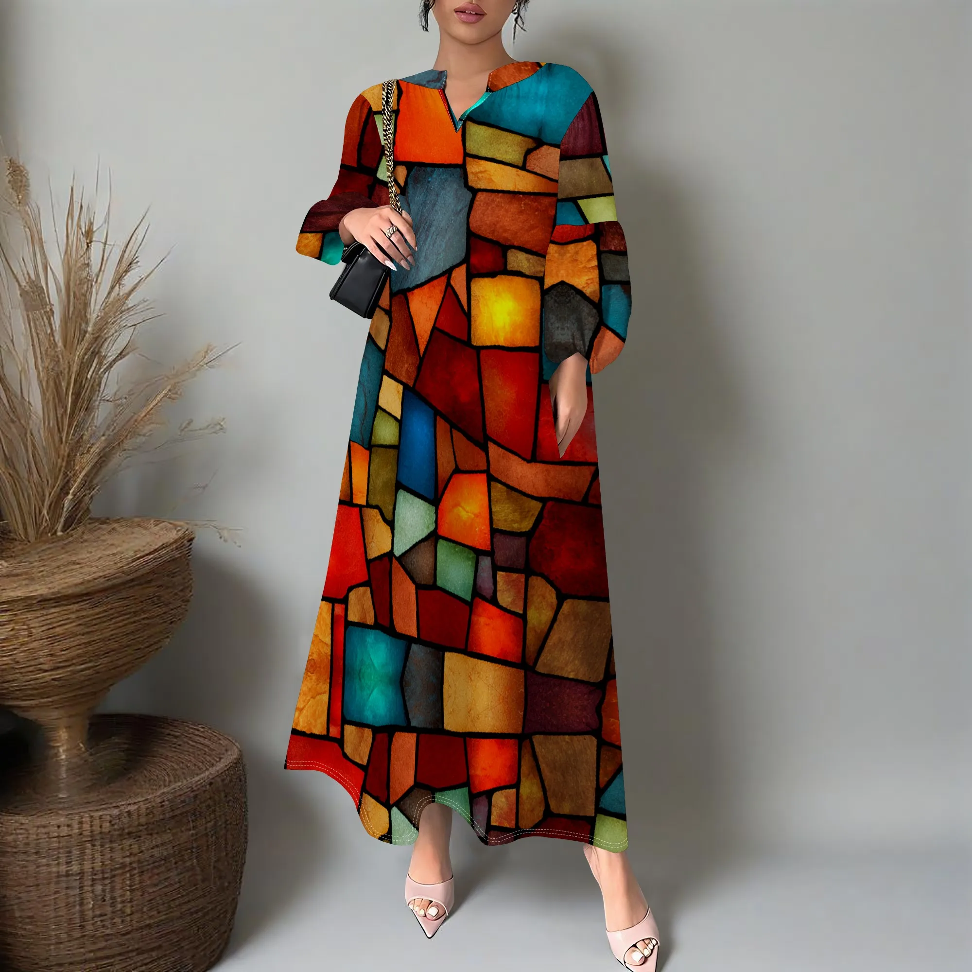 

Women's Artistic Abstract Print Maxi Dress Long Sleeve Casual Loose Fit Party Sundress XS-3XL
