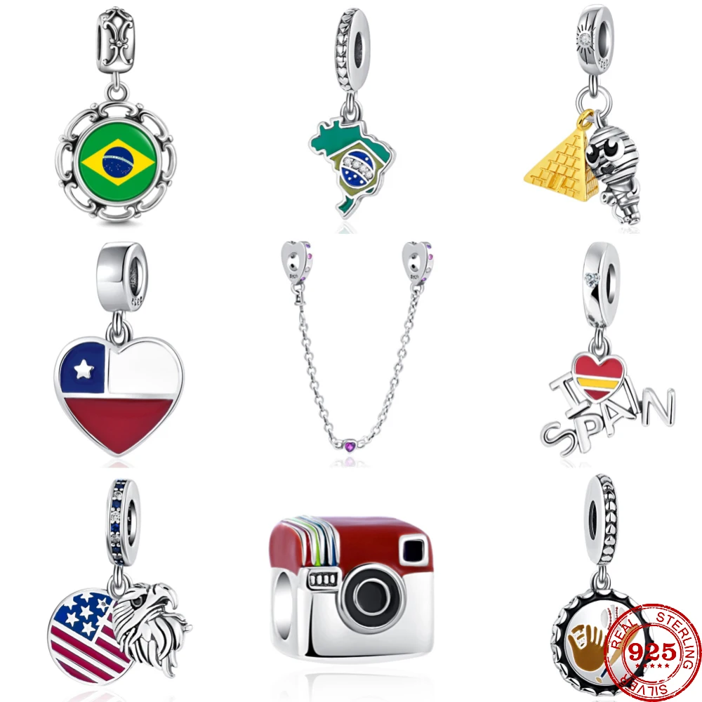 925 Sterling Silver Flag Brazil Chile American camera Pendant Beads Fit Original Pendant Charm Bracelet Women Jewelry DIY Gift