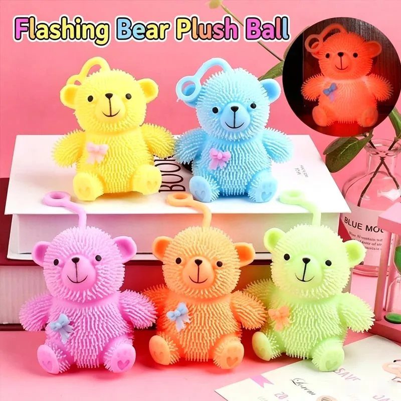 12-24PCS Cute Bowknot Bear LED Squishy Stress Ball Fluffy Puffer Toy Light Up Flashing Fidget Squeeze for Kids Adults Relax