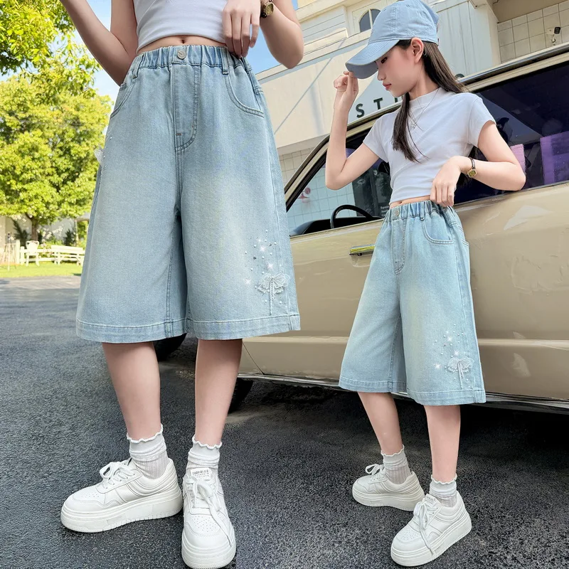 Girls' Colorful Knee-Length Denim Shorts Kids Summer Thin Five-Pointed Star Print Children's Loose Casual Short Jeans Pants 4-15