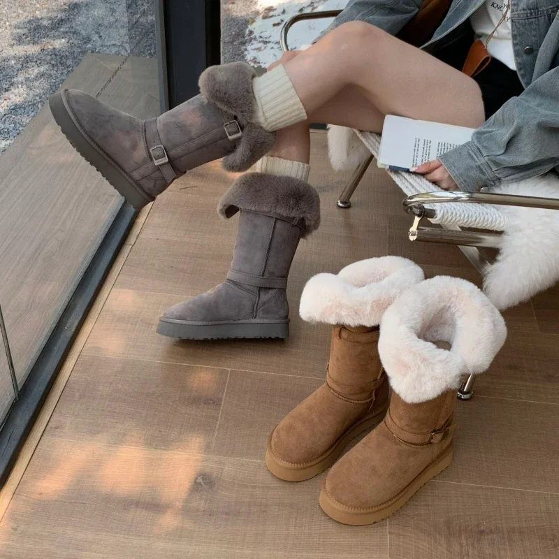 

Women's Chunky Platform High Knee Boots, Suede Leather with Buckle Straps & Faux Fur Trim, Winter Fashion Boots