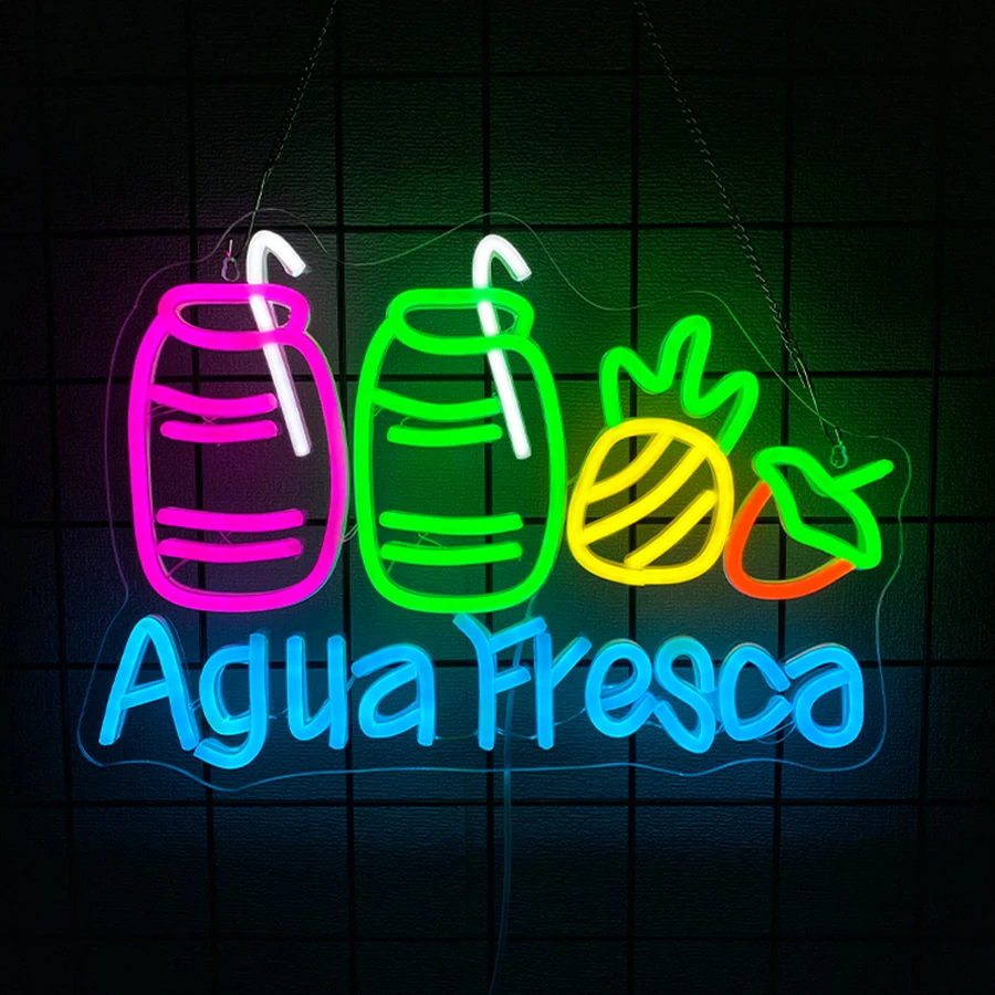 

Светодиодные неоновые вывески Agua Fresca, значки фруктов и напитков, латинские рестораны, магазины, киоски с едой, кафе, батончики, интересный декор.