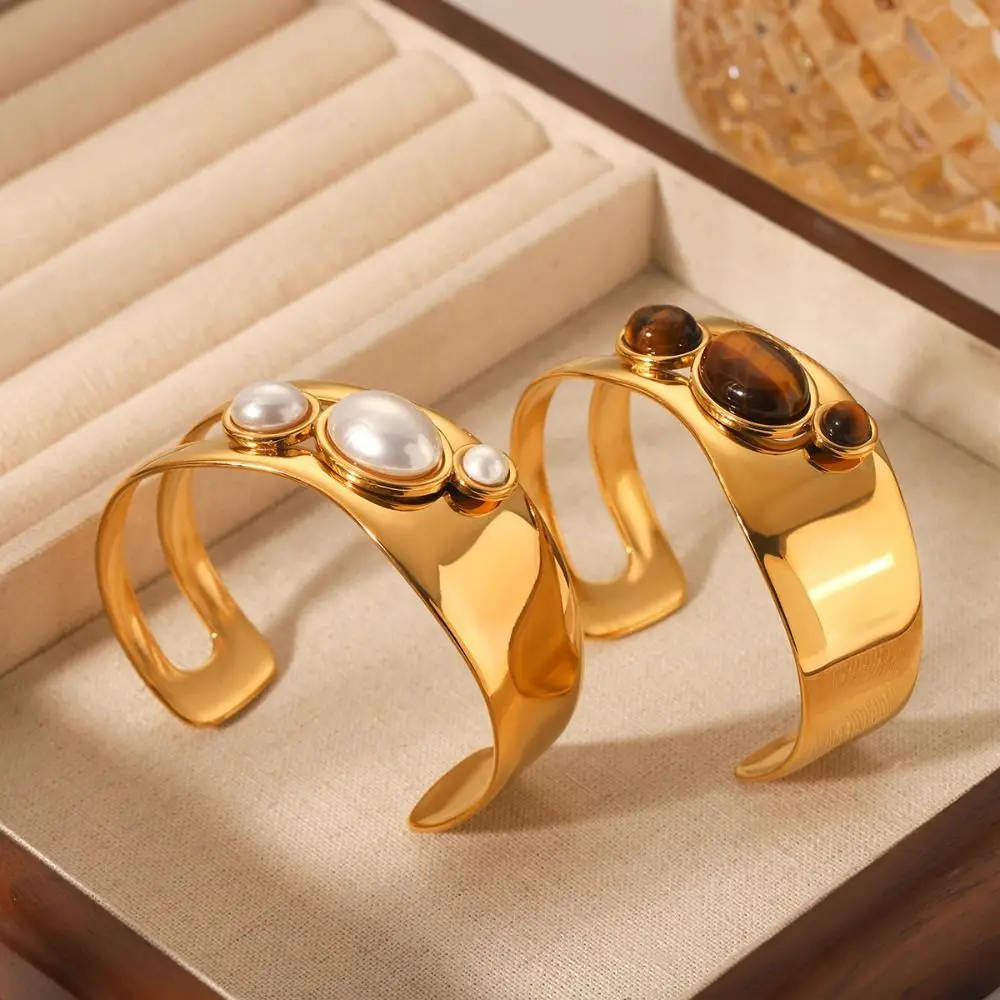

Fashion Stainless Steel Hollow Natural Stone Bracelet Luxury Fashion Jewelry Open Bracelet Adjustable Women Wristband Gift