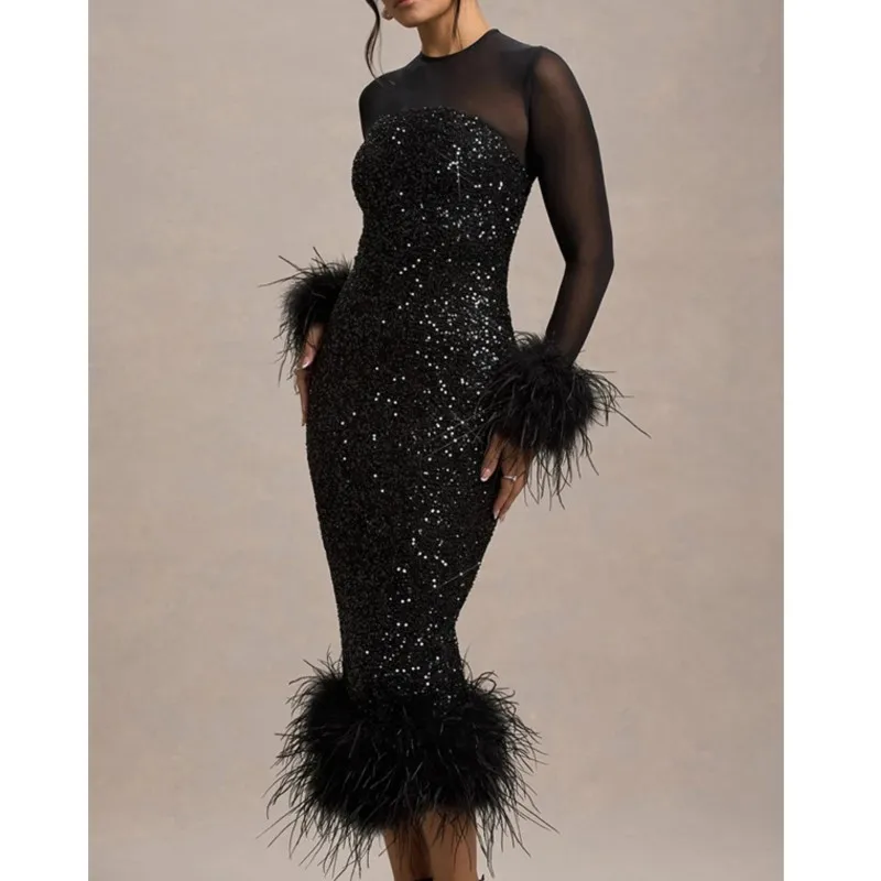 Abiti da ballo con paillettes Abito Abiti 2025 Donna Vestido Femininos Maniche lunghe Maglia Peluche Patchwork Banchetto Temperamento elegante