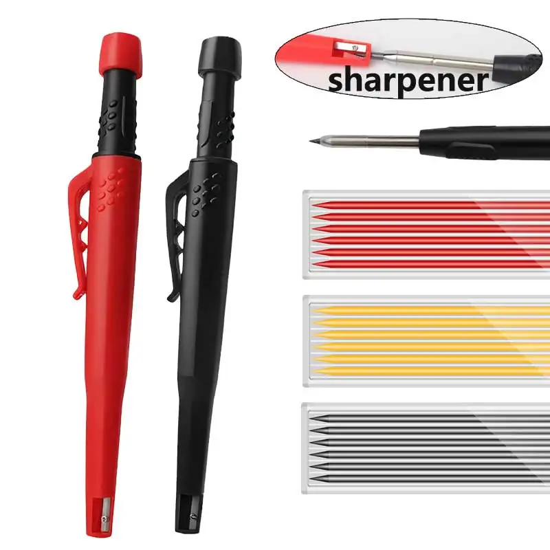 Longlife-lápiz automático con sacapuntas de Metal sólido con soporte, marcador mecánico de Agujero profundo, herramienta de Clip de bolsillo para carpintería