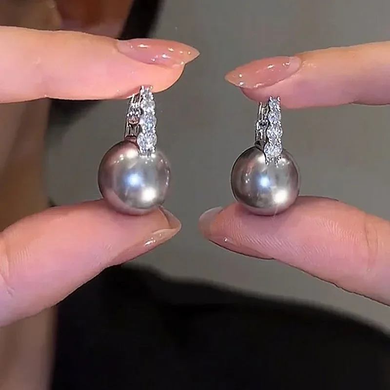 

New Simple Inlaid Zircon Gray Pearl Earrings for Women Fashionable Personalized Daily Accessories Party Jewelry Birthday Gifts