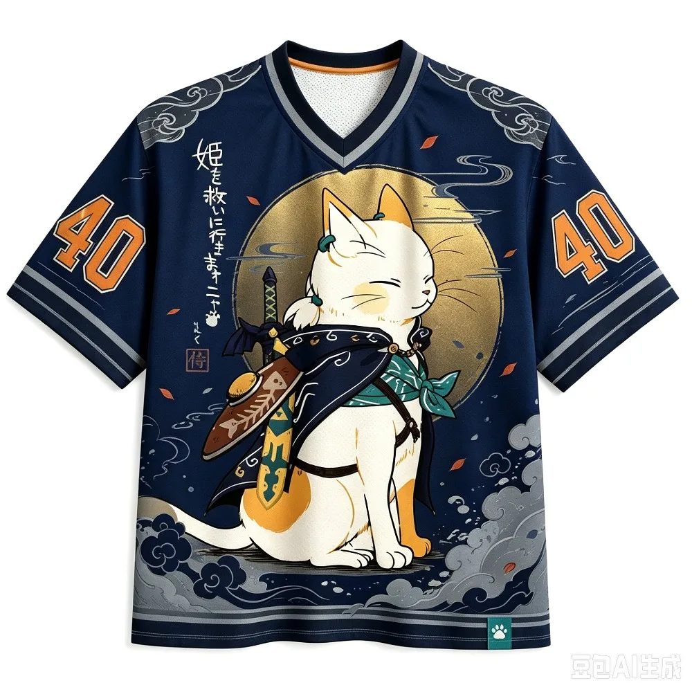Harajuku Japanische Samurai-Katze 3D-Druck Sport Schnelltrocknend Atmungsaktiv Herren V-Ausschnitt T-Shirt Outdoor Street Casual Y2K Eltern-Kind-Kleidung – Detail 6