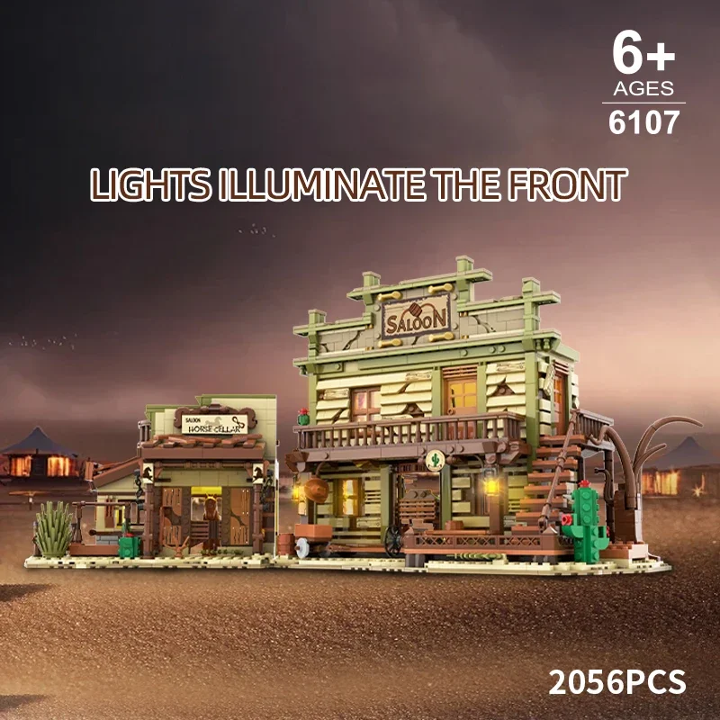 2046PCS Western Cowboy Tavern Building Blocks Classic Pub Town Horse Cellar Model Light Bricks Desktop Decoration Holiday Gfits