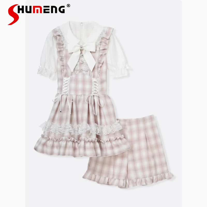 

Japanese Mine Sweet Dress Set Summer 2025 Girls Woman's Cute Bow Lace Fungus Edge Plaid Top Shorts 2-piece Set Lolita Outfit