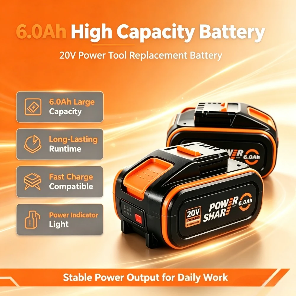 20V 6000mAh Li-ion Battery Compatible WORX Power Share Series WA3551 WA3553 Multi Safety Protection With LED Power Gauge