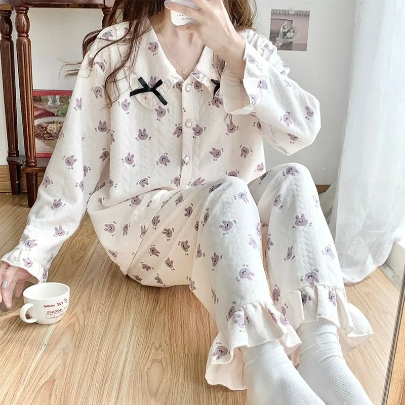 

2024 New Pajamas Women Autumn Winter Sleepwear Air Cotton Sandwich Loungewear Warm V-neck Loose Loungewear Set Falbala Homewear