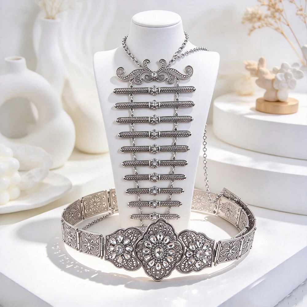 Habibi Vintage Caucasus Women Belt Breastplate Ingush Wedding Jewelry Set Metal Belt&Necklace Antique Silver Color Poyasa Bijoux