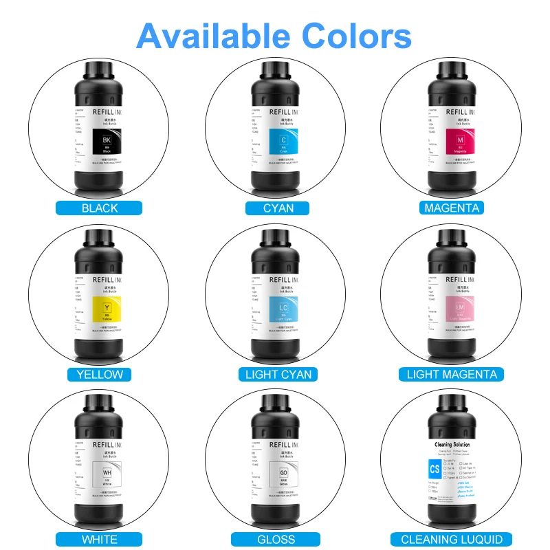 Tinta LED UV de 500ML para cabezal de impresión Epson 1390, L800, L1800, L805, R1800, R1900, DX4, DX5, DX6, DX7, DX10, TX800, XP600