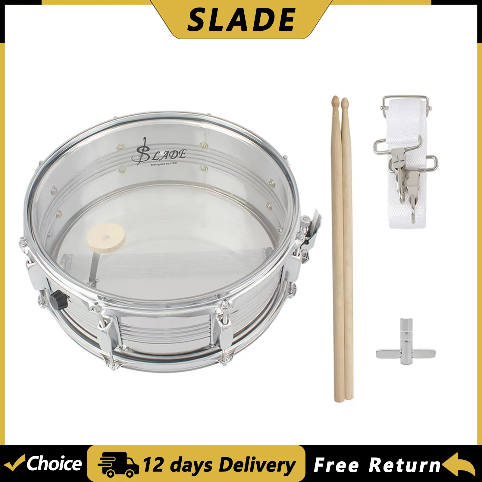 SLADE 14 Zoll Snare Drum Vernickeltes Snare Drum Set mit Gurt Drumsticks Professionelles Percussion-Instrument zum Üben