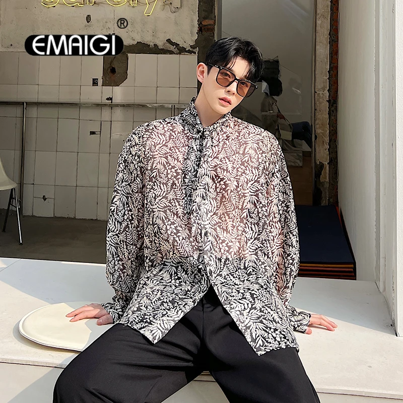 

Mens Light Thin Vintage Print Loose Casual Long Sleeve Tie Outdoor Beach Sunscreen Shirts Male Korean Streetwear Dress Shirts